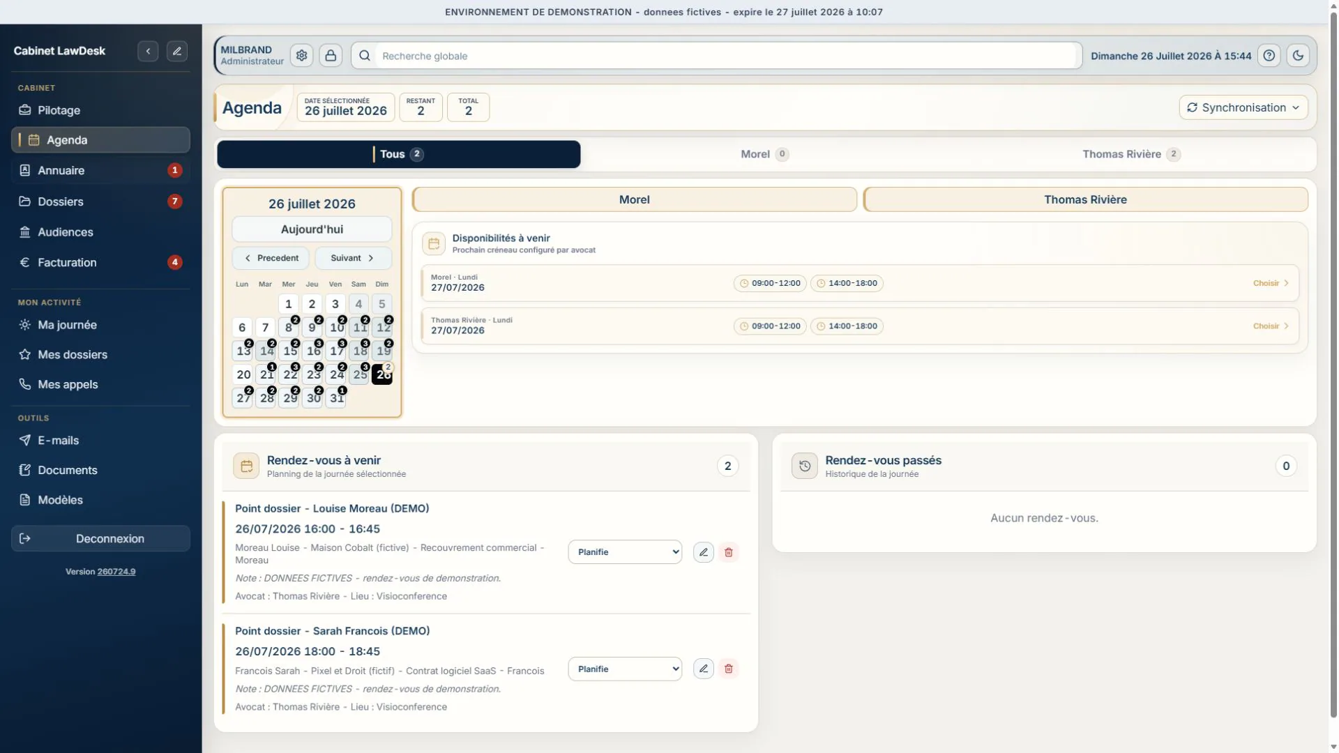 Capture Full HD de l'agenda partagé dans LawDesk App