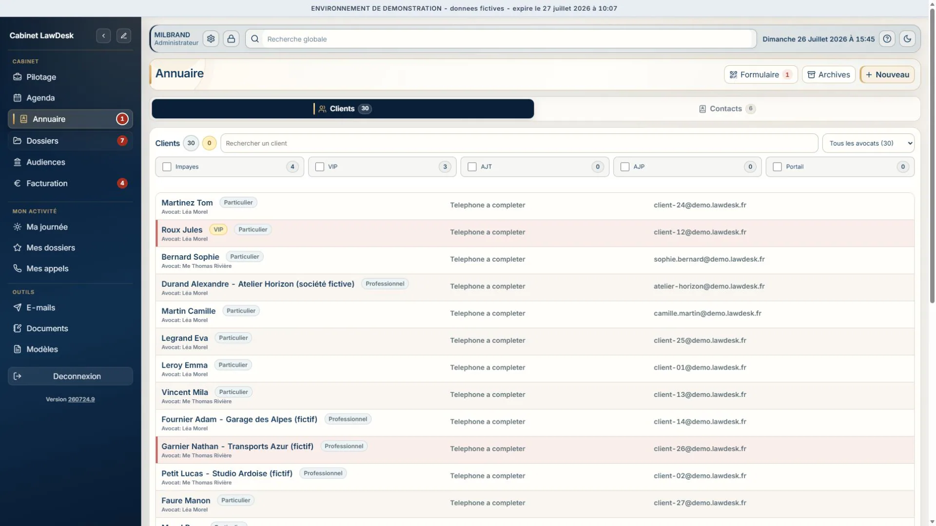 Vue côté cabinet de l'annuaire LawDesk App avec gestion des clients et de leurs accès