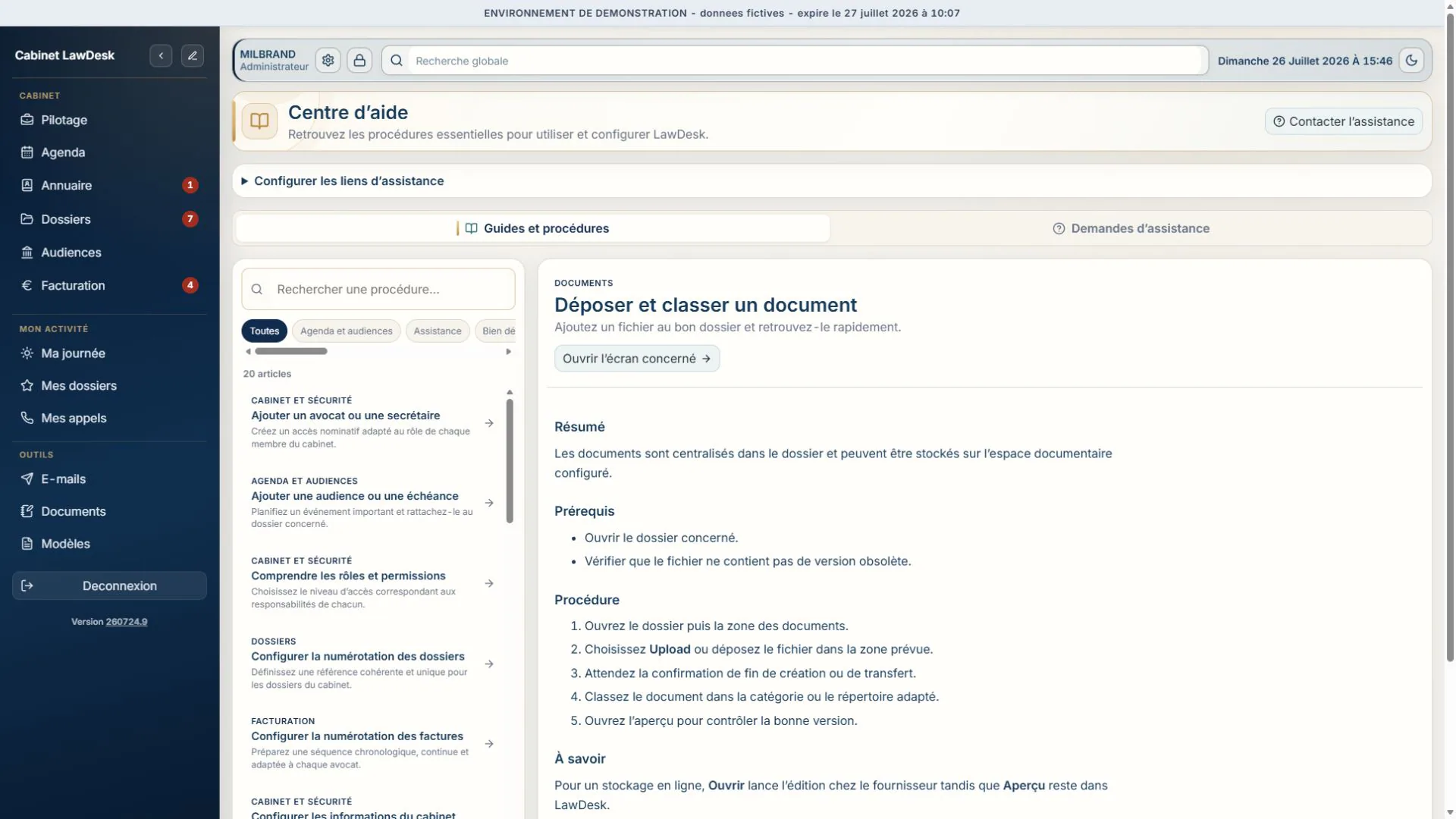 Capture Full HD du centre d'aide dans LawDesk App