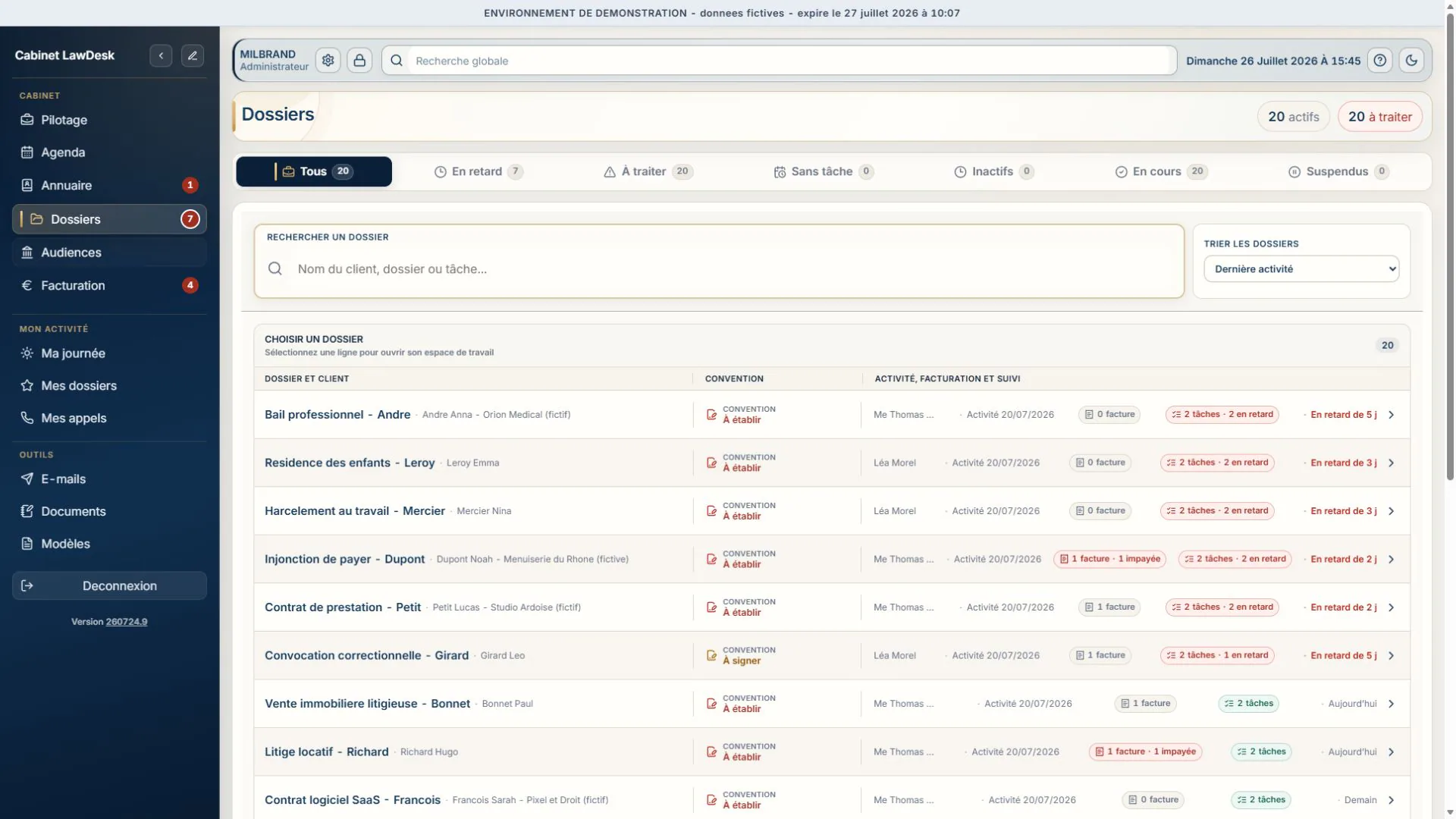 Capture Full HD de la gestion des dossiers dans LawDesk App
