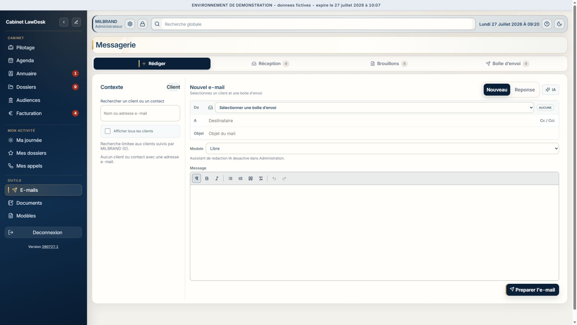 Messagerie e-mail intégrée dans LawDesk App avec rattachement aux clients et dossiers