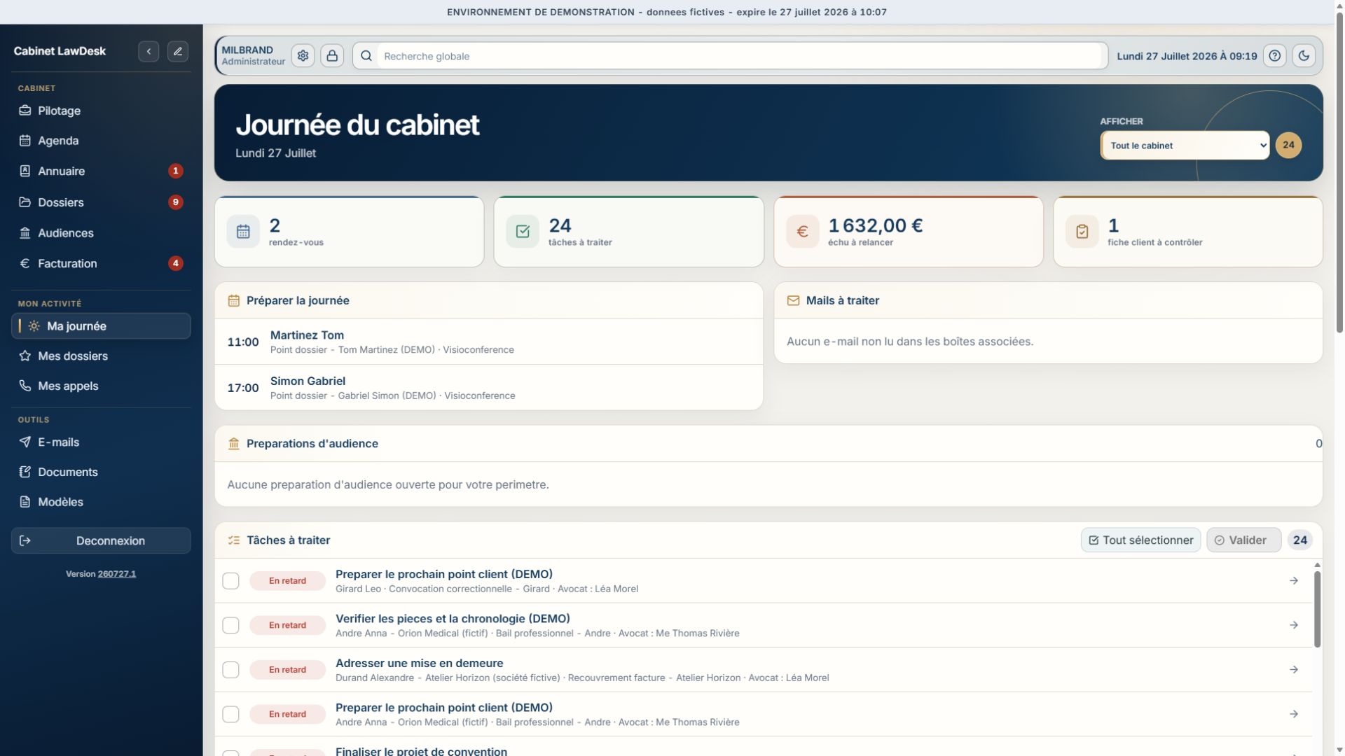 Capture Full HD de la vue Ma journée dans LawDesk App