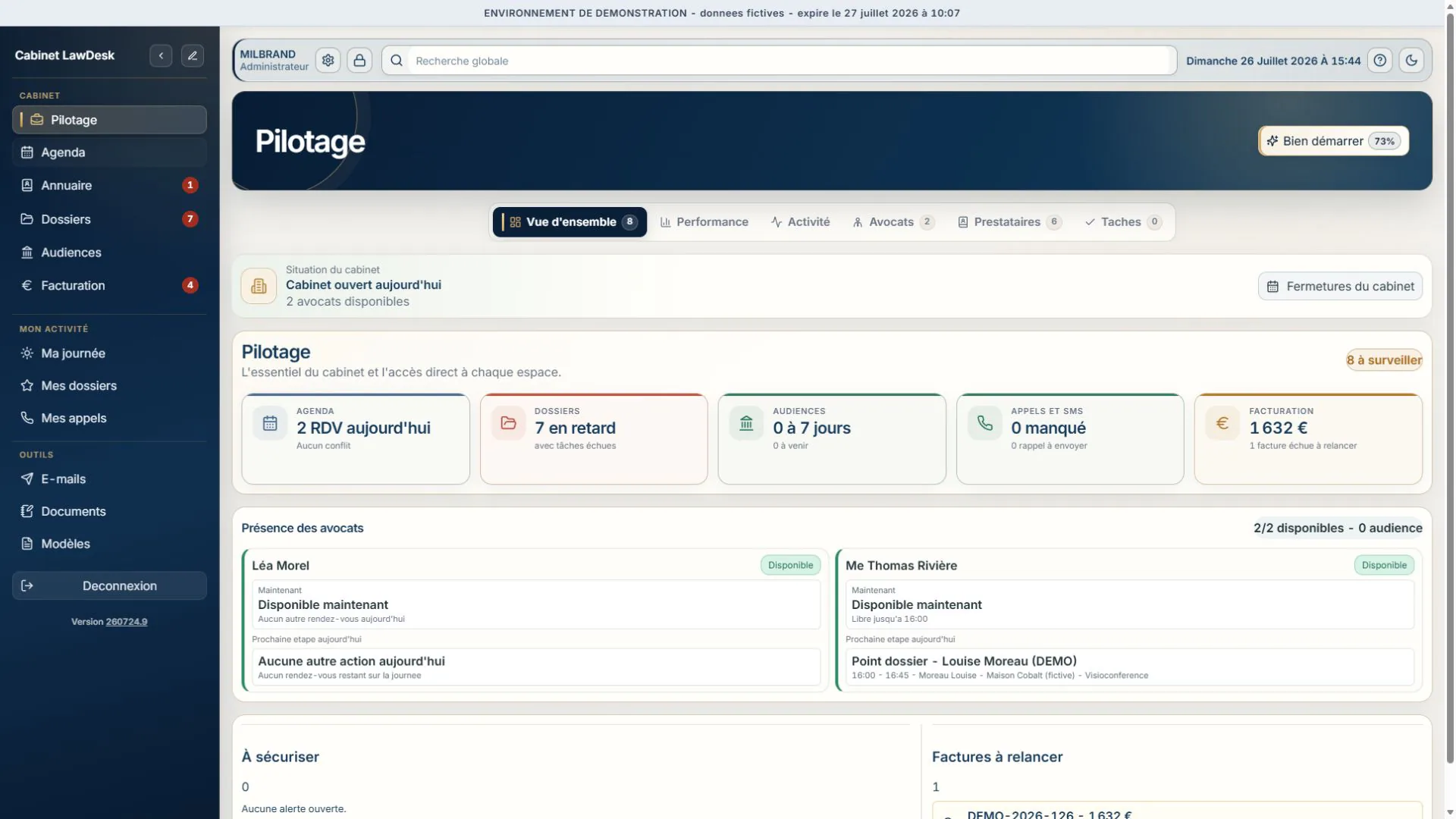 Capture Full HD du pilotage du cabinet dans LawDesk App