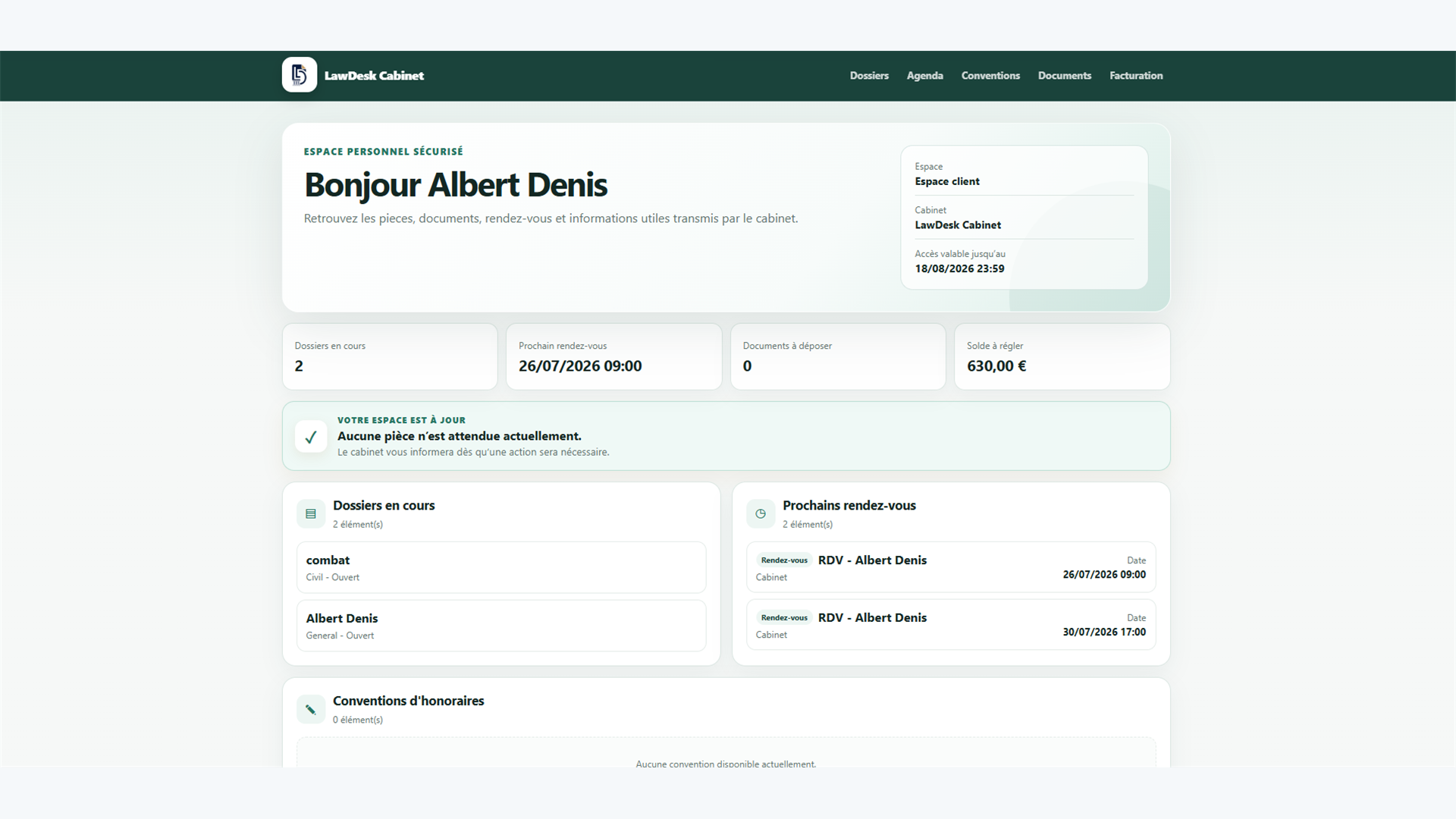 Vue côté client du portail sécurisé LawDesk App avec dossiers, rendez-vous et documents partagés