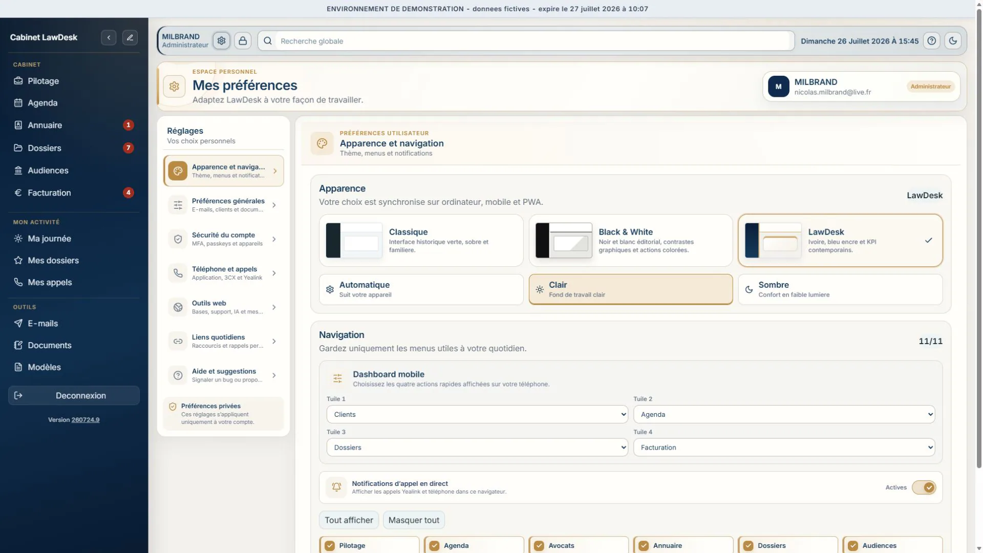 Capture Full HD des préférences du profil avocat dans LawDesk App